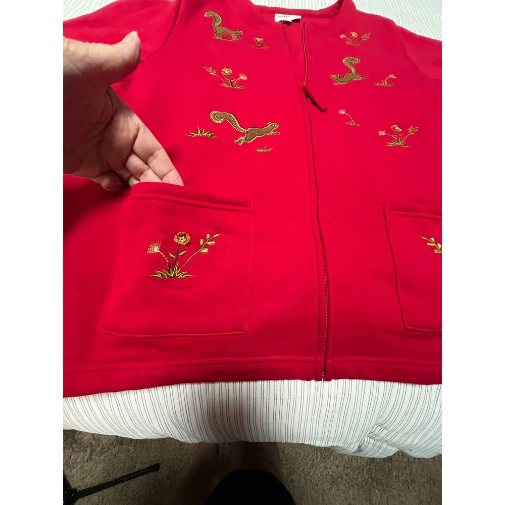 Breckenridge Womens XL Red Zip Up Sweatshirt Embroidered Squirrels Floral